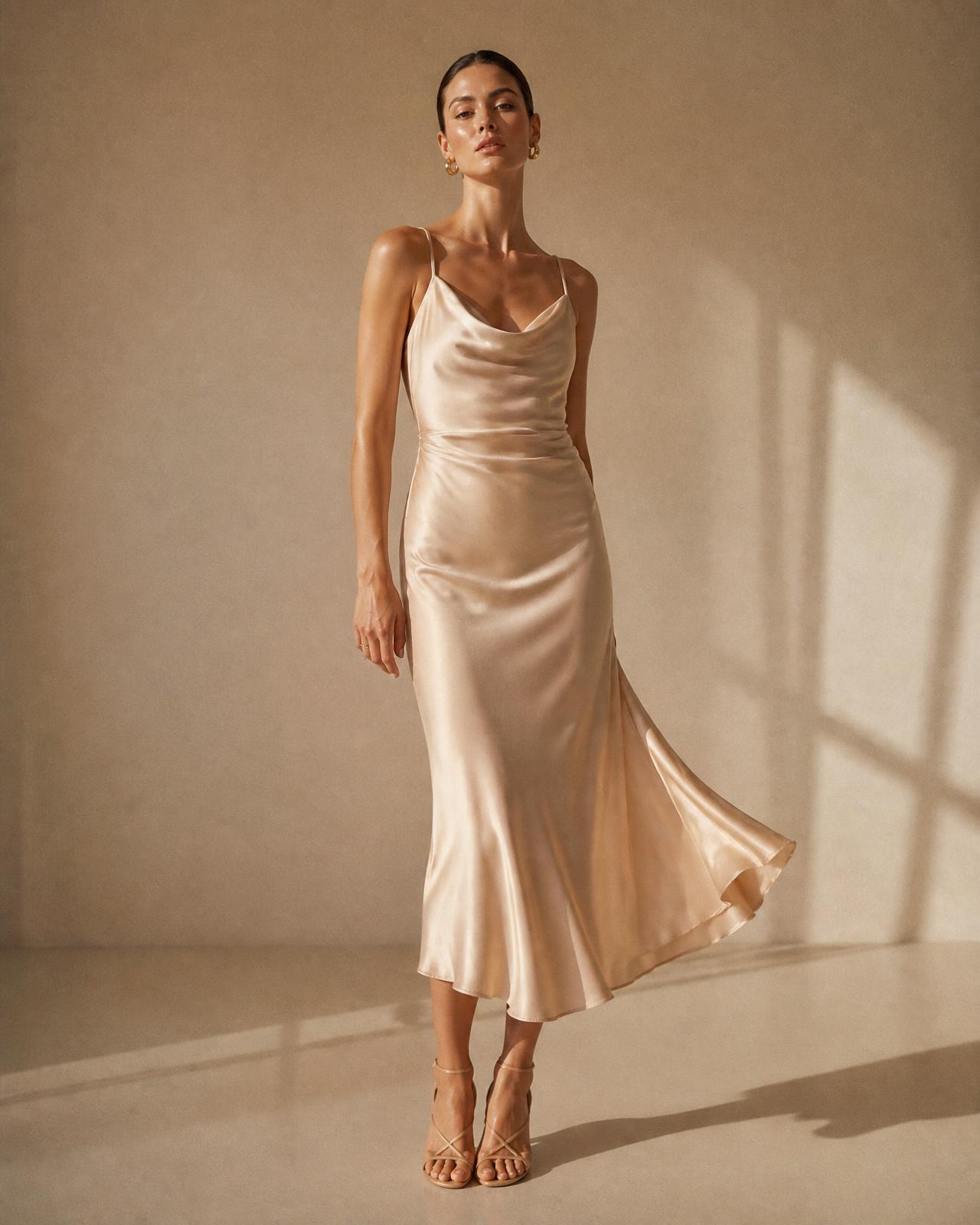 Model wearing a champagne satin dress from the SKYLER collection